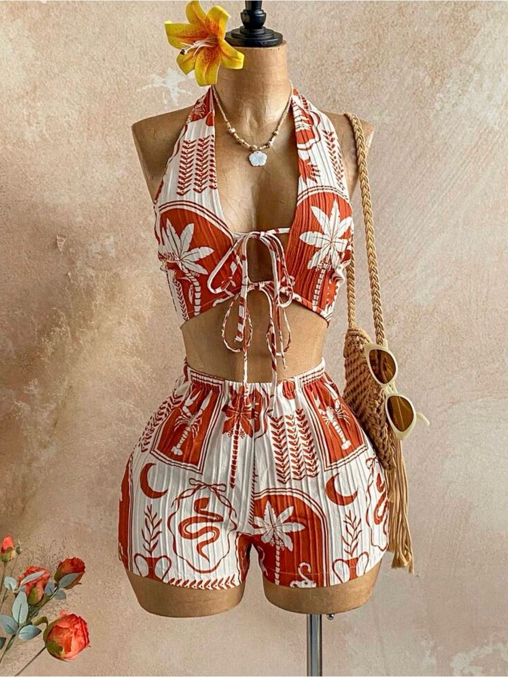 SHEIN Rust and White Floral Halter Tie-Front Shorts Set